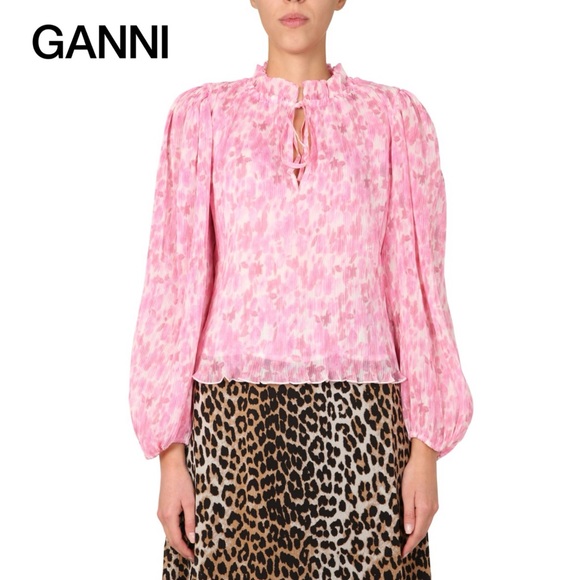 GANNI Pleated Georgette Floral Blouse Top Balloon Sleeve Ruffle Boho FR 36 US 4